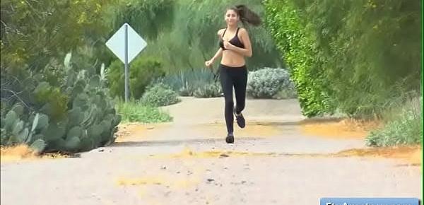  Sexy natural big tit brunette amateur Nina goes for a run and masturbate with a ripe banana in the woods